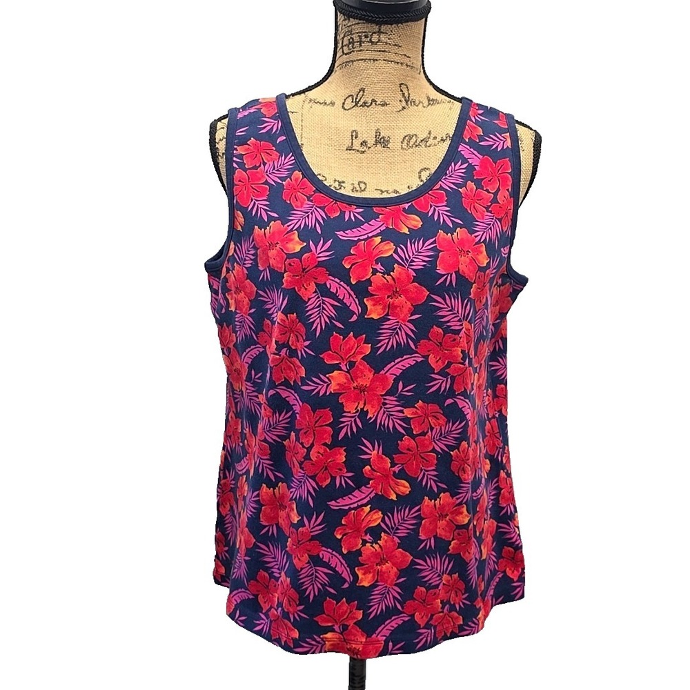 Lands End Tank Top Pink Floral Scoop Neck Cotton sz L Tropical Resortwear Beach